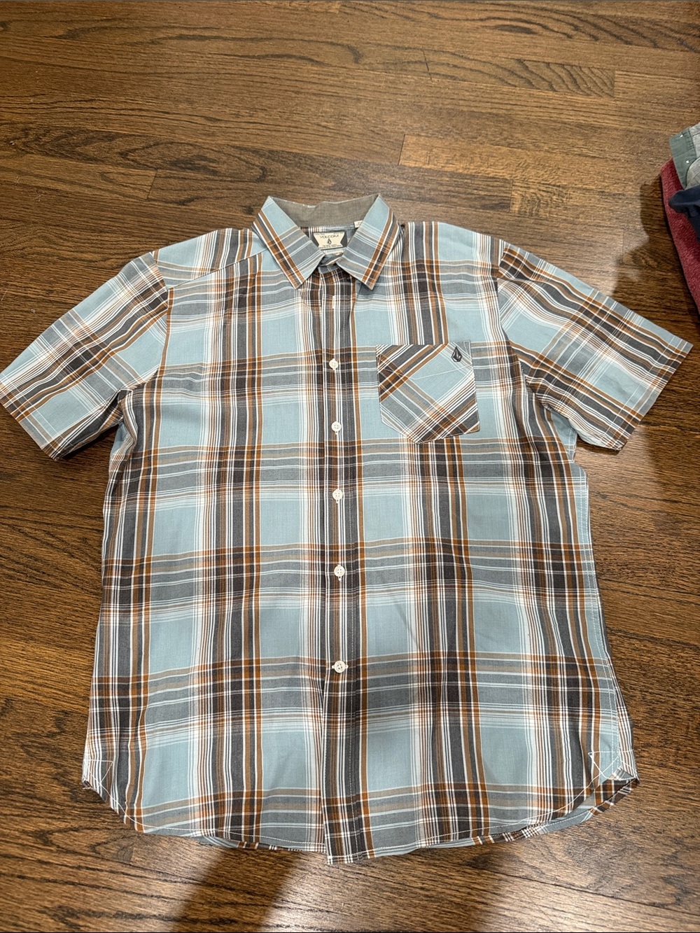 Volcom Light Blue and Brown Plaid Short-Sleeve Button-Up Shirt